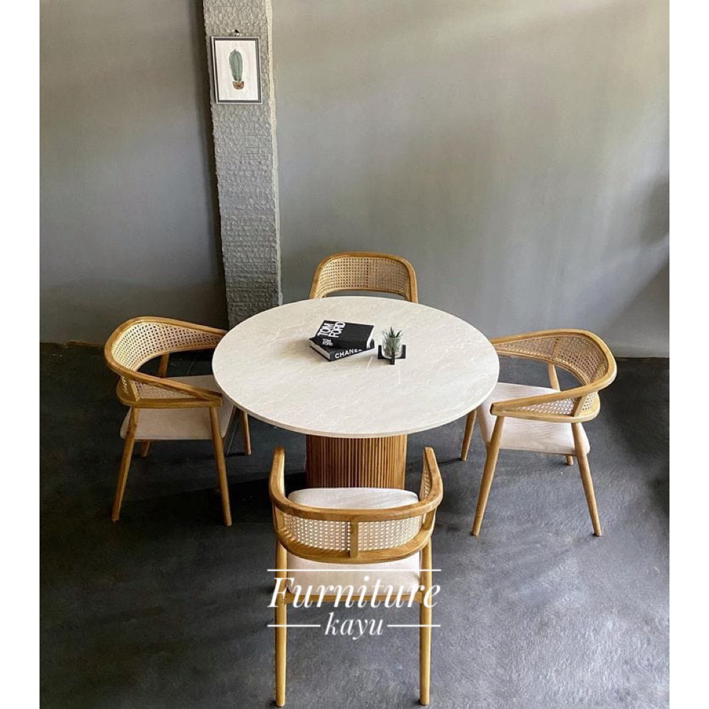 Set meja makan 4 kursi kayu jati, meja makan bulat top marmer, meja makan murah kayu jati