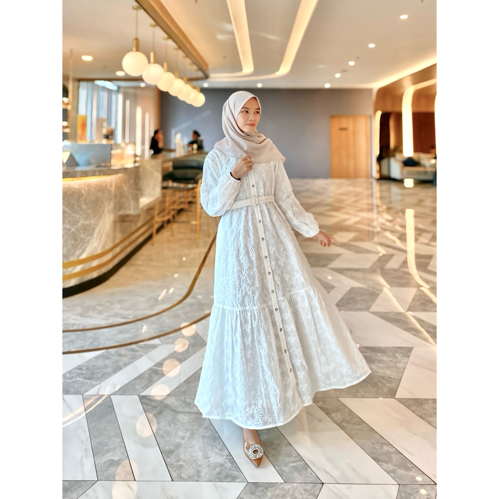 SABAY DRESS KATUN BOLONG PUTIH, gamis katbol putih,
