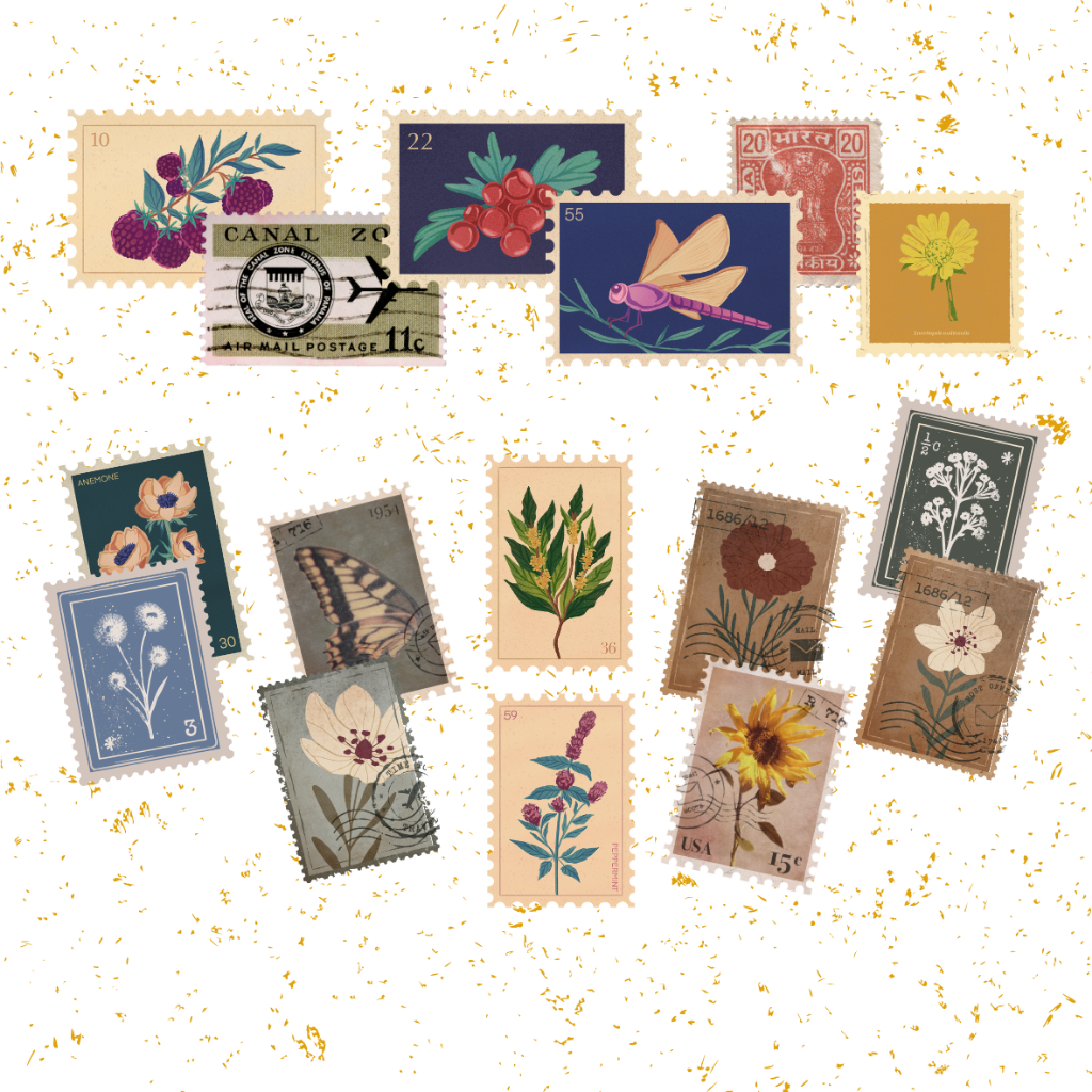 

[paww craft] Stiker Perangko Vintage | Sticker Pack HVS Die Cut Siap Tempel Tema Estetik Journaling Scrapbook