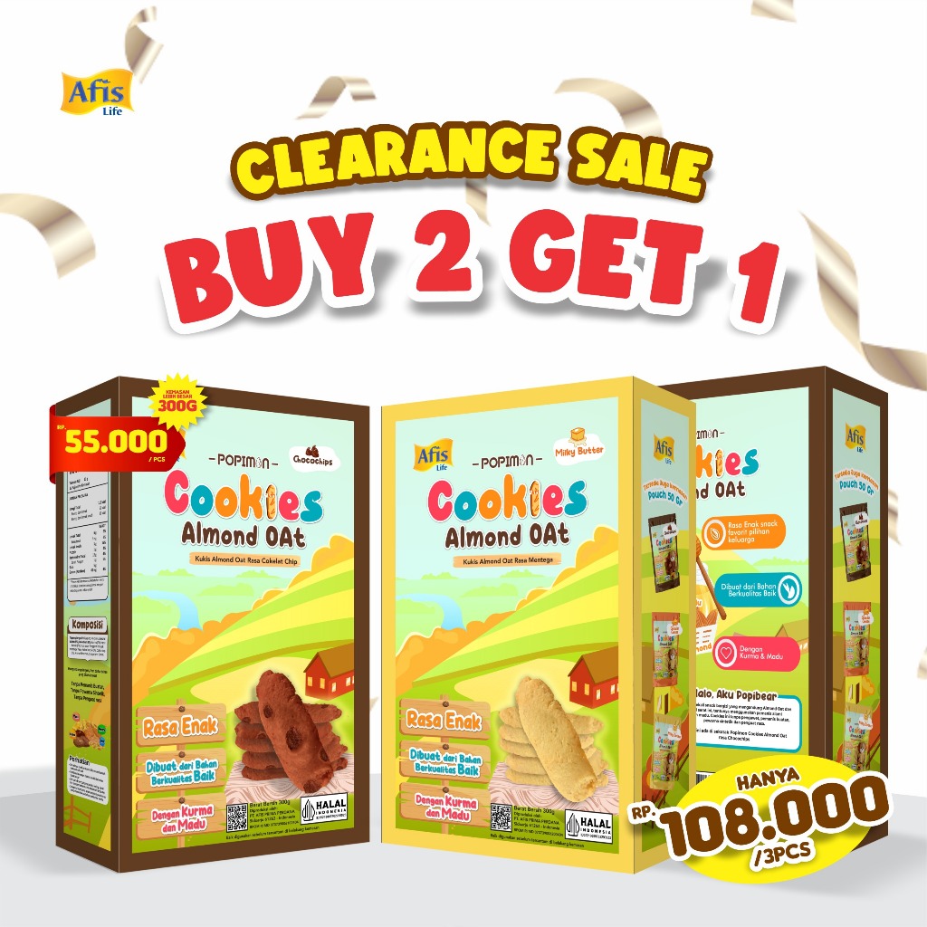 

Afis Popimon Cookies Almond Oat 2Box 300g (BUY 2 GET 1) - Camilan Enak Sehat