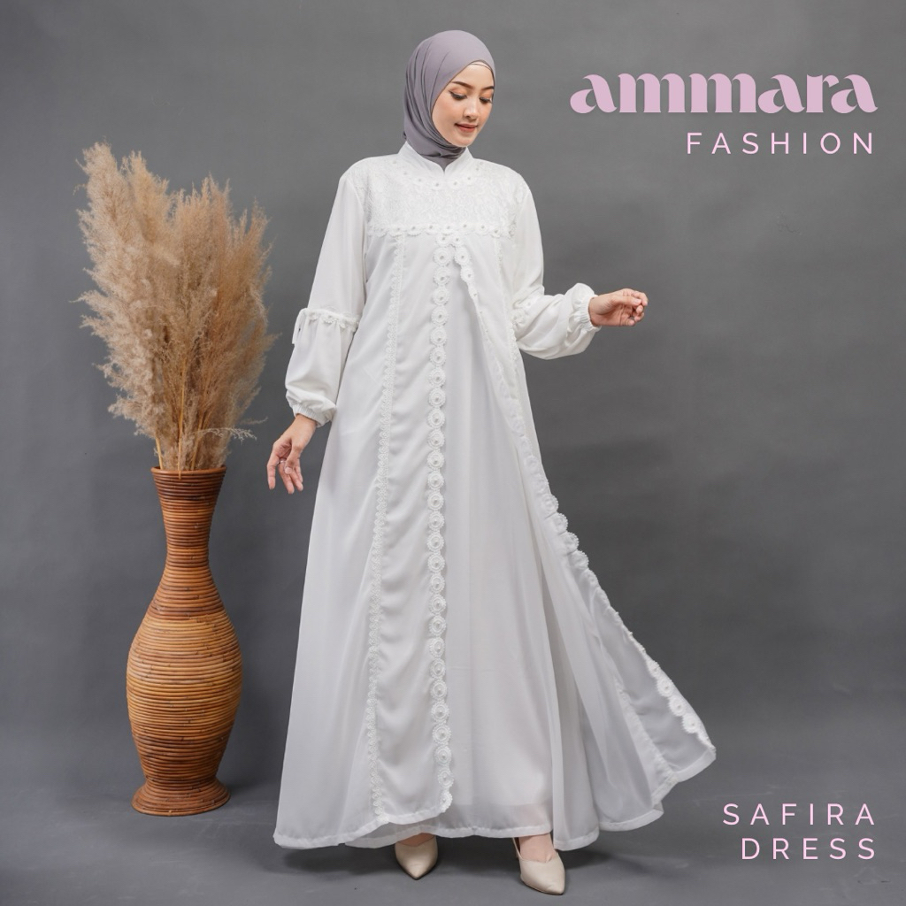 SAFIRA DRESS Gamis bahan ceruty babydol putih hitam kombinasi renda mewah kondangan pesta lebaran ma