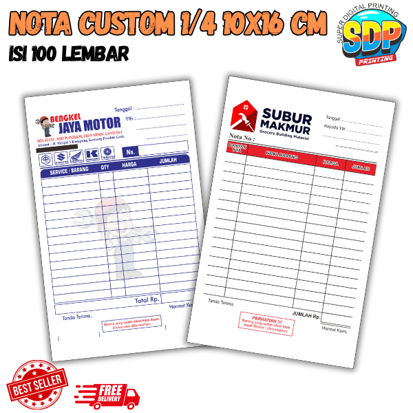 

nota custom 1/4 isi 100 gratis dsain ukuran 10x16 nota standar bon ful color Super Digital Printing