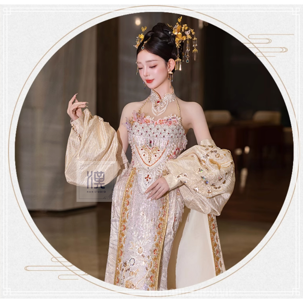 DRESS GAUN MALAM SANGJIT WEDDING PARTY GOLD CREAM CHAMPAGNE HSL250601