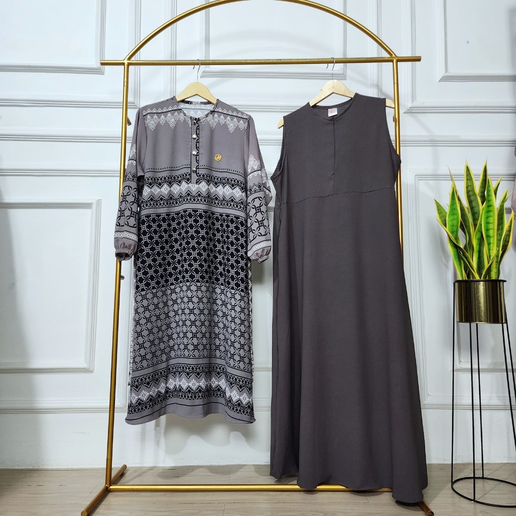HOT SETELAN WANITA MUSLIM SATU SET LONG TUNIK + INNER DRESS POLOS AINUN BAHAN CRINKLE ALEVA MIX