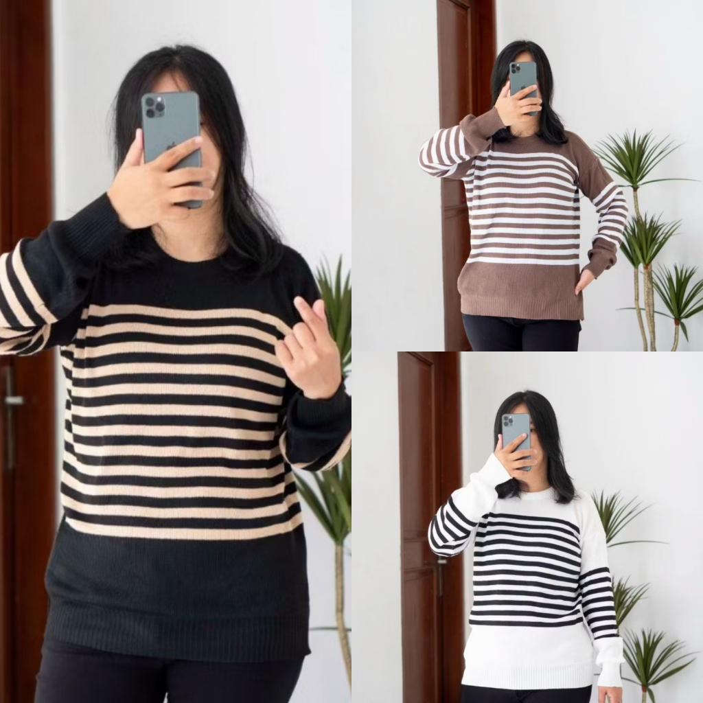 Baju Atasan Sweater Outfit Rajut Stripe Garis Garis Hitam Putih Hangat Suiter Harian Fashion Dingin 