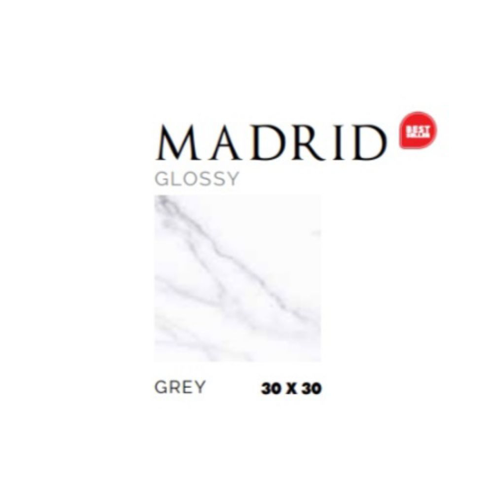KERAMIK MERK ASIA TILE TIPE MADRID GREY UKURAN 30X30 WARNA LATAR PUTIH CORAK MOTIF MARBLE ABU PERMUK