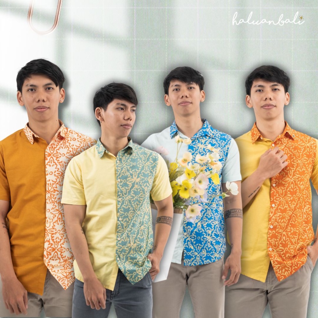 Kemeja Pria Kombinasi Modern HaluanBali - Tjap Lakshmi Two Tone Casual - Bahan Katun Cap Wastra Line