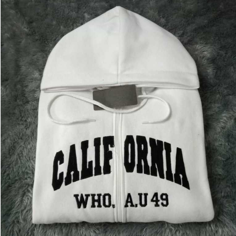 Jaket WHO AU California Zipper Putih Teks Bordir / Hoodie WHO.AU Zipper Jaket Hoodie STM Pria Wanita