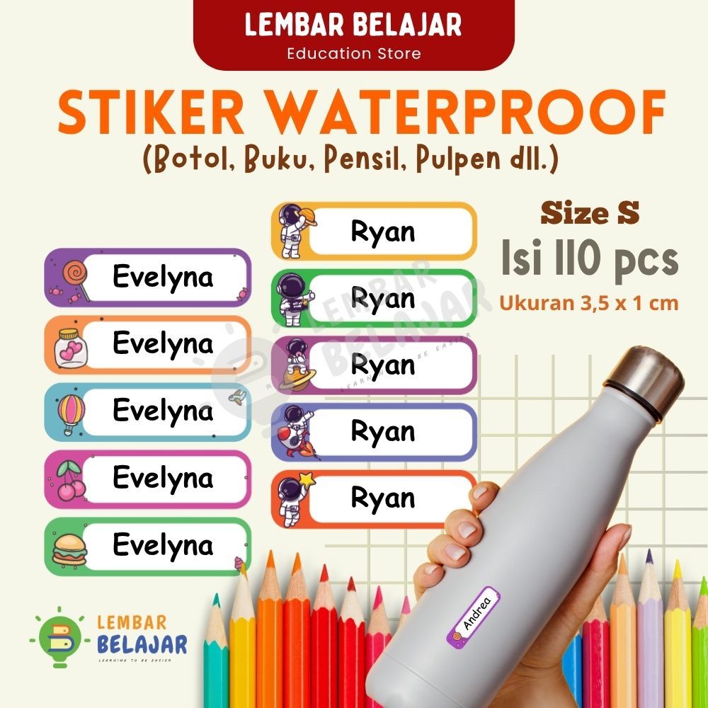 

LEMBAR BELAJAR - 110 Pcs Custom Vinyl Stiker Nama Botol, Pensil, Ballpoint / Pulpen Waterproof Anti Air