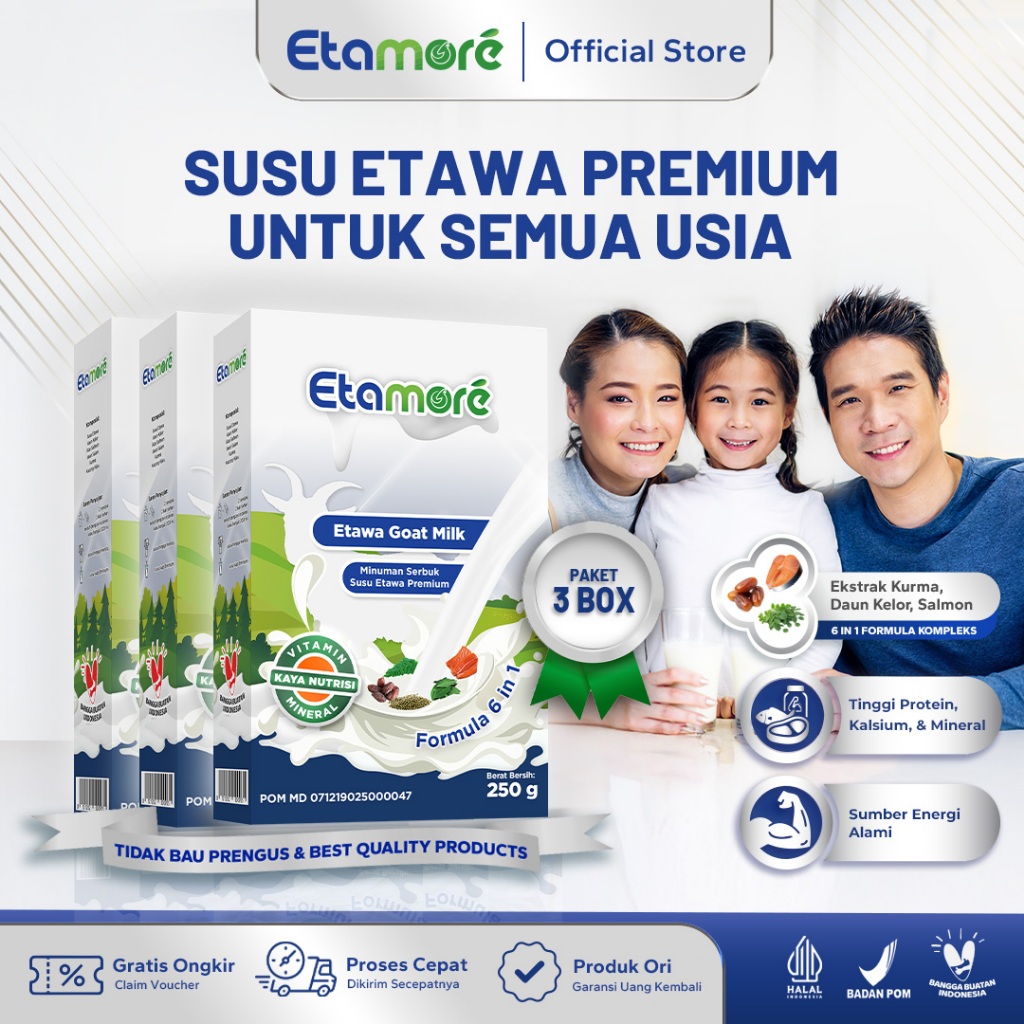 

Etamore 3 Box - Susu Kambing Etawa - Etawa Goat Milk Rendah Gula Mengandung Daun Kelor Salmon Kurma Membantu Mengatasi Asam Urat Nyeri Sendi Osteoporosis Kebas Keram Kesemutan Pengeroposan Tulang Lansia Pegel Linu Radang Asma Syaraf Kejepit Diabetes