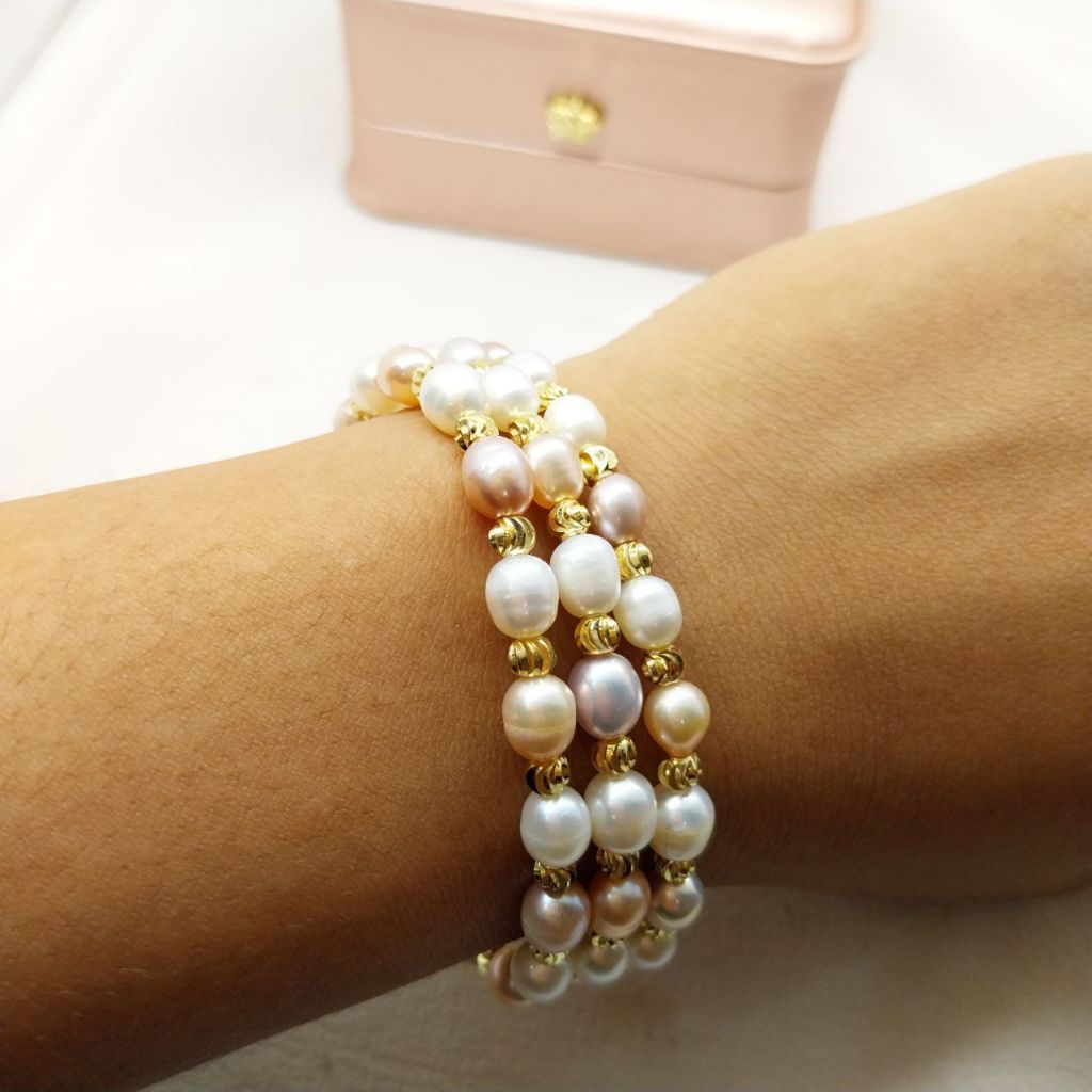 GELANG MUTIARA AIR TAWAR 3 WARNA BERSERTIFIKAT, GELANG SUSUN TINGKAT LAYER TUMPUK 3, KADO ULTAH UNIK