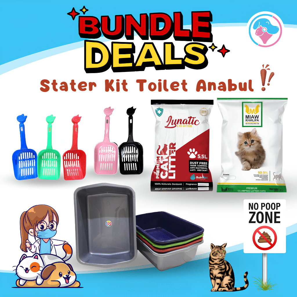 Paket Toilet Kucing - Bak + Pasir Wangi + Serok Kucing - Litter Box Jumbo Pasir Miaw Lunatic
