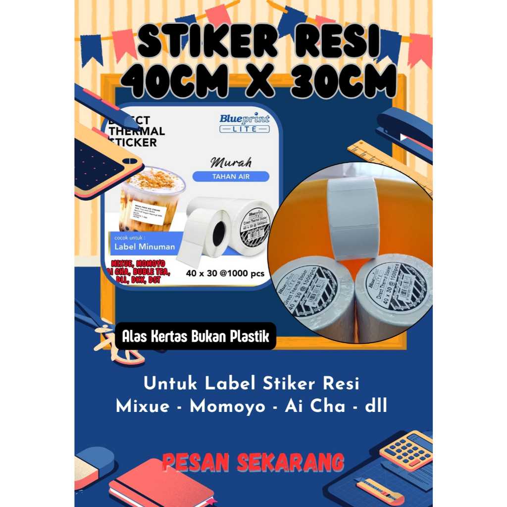 

Label Resi Stiker Termal 40X30MM 1rol isi 1000pcs Alas Kertas untuk Gelas Minum Mixue Momoyo AiCha