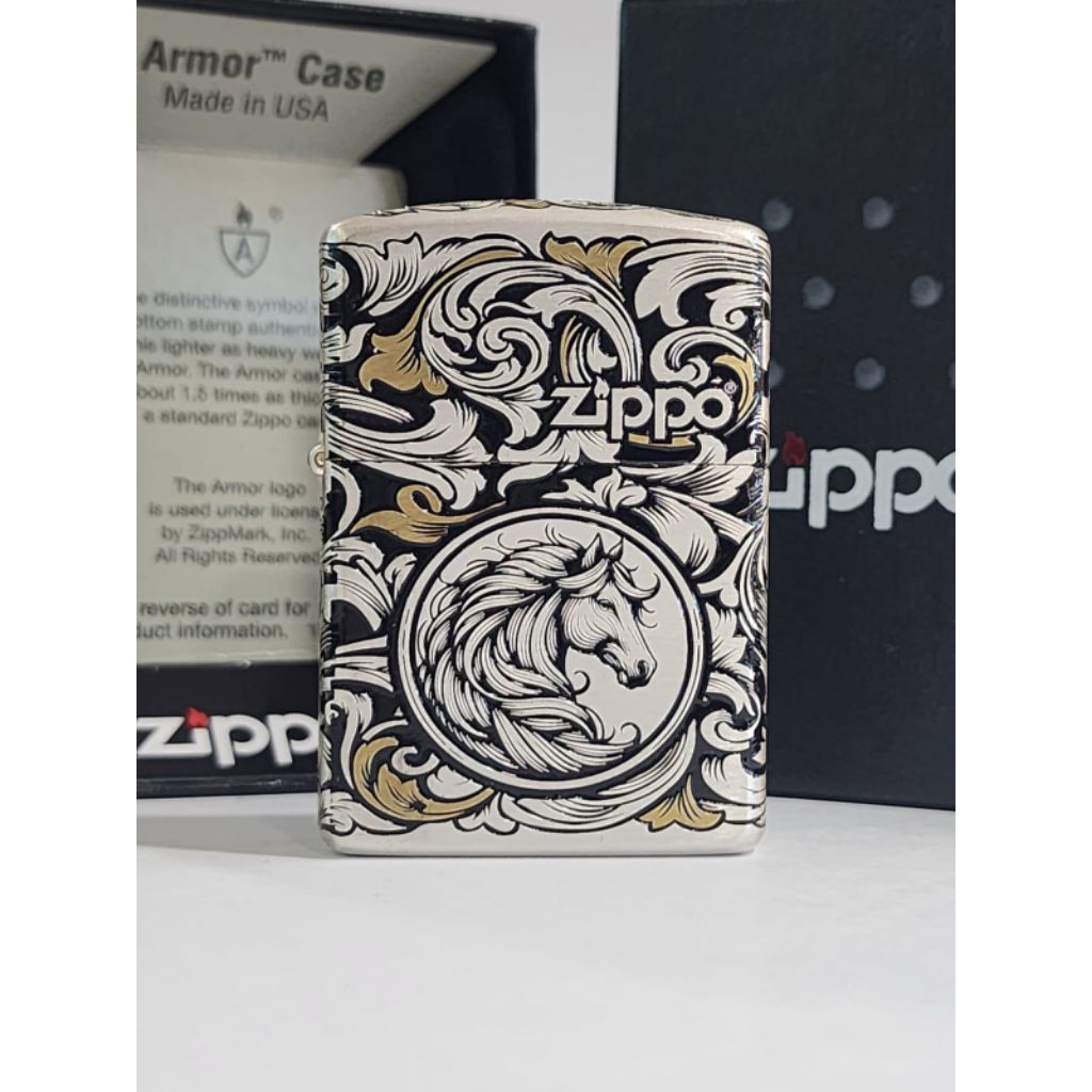 Original Zippo Armor Horse Kuda Arabesque Gold and Black Silver