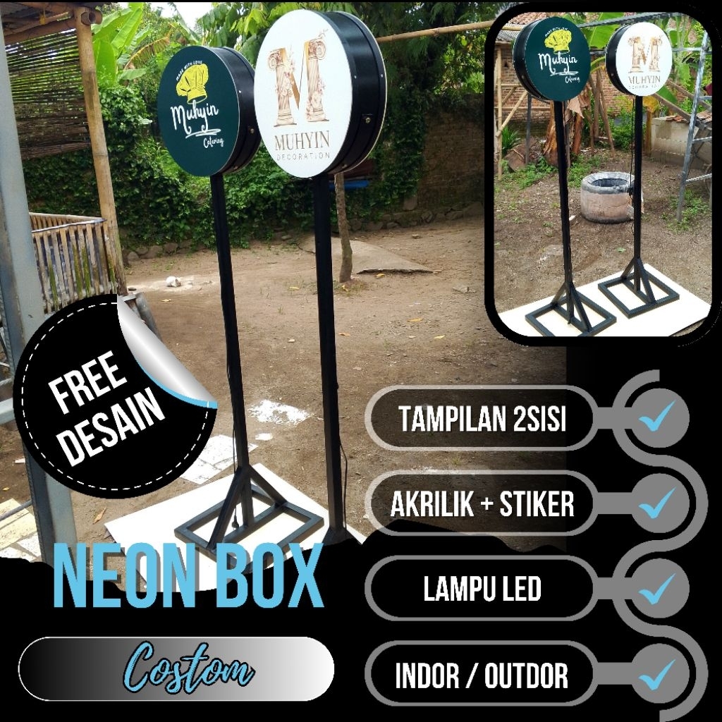 NEON BOX BULAT AKRILIK + TIANG FREE DESAIN