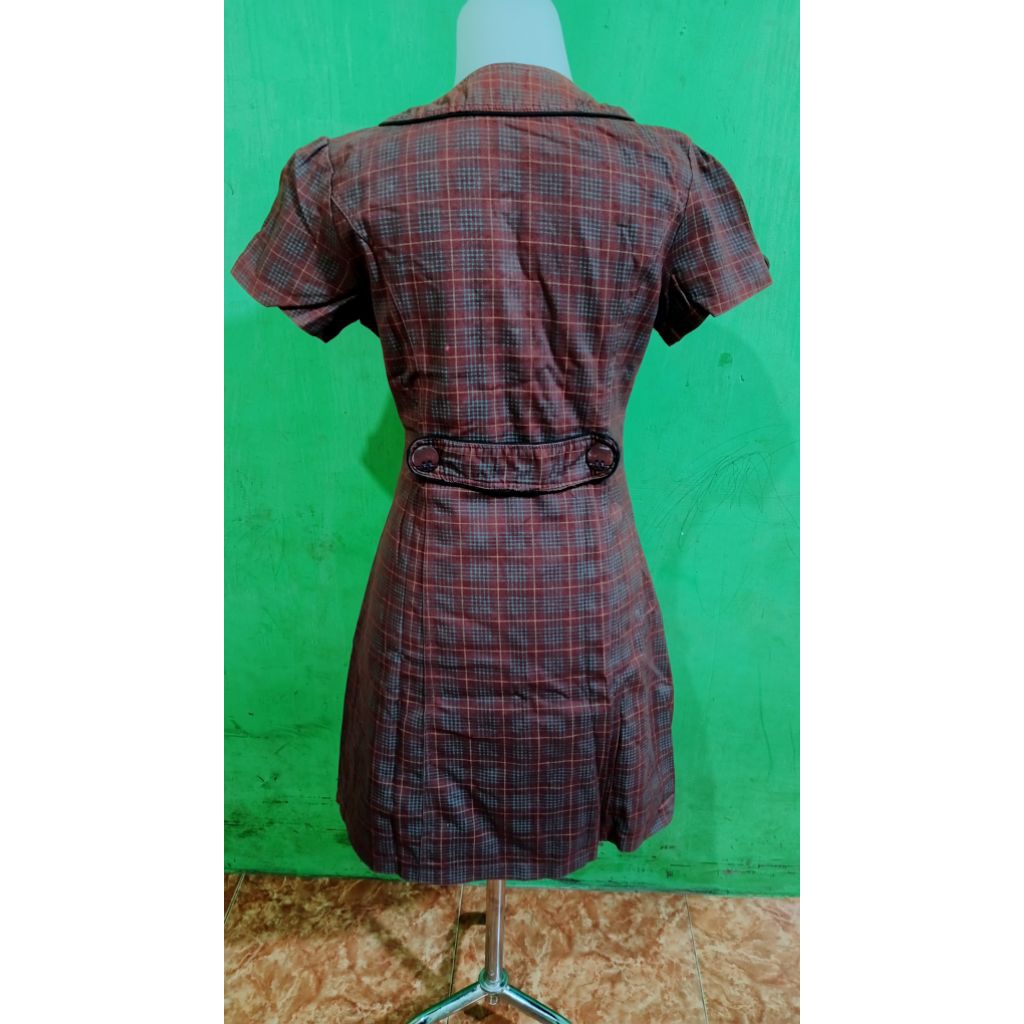Dress Kotak-Kotak Vintage Lengan Pendek – Baju Casual Wanita