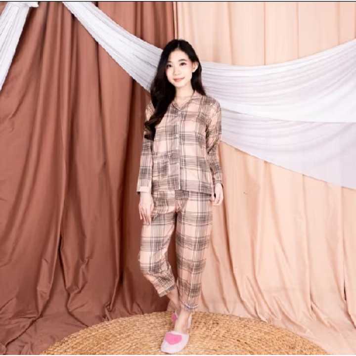 Piyama CP Wanita Motif Kotak - Baju Tidur Lengan Panjang Katun Premium//SETELAN TERBARU