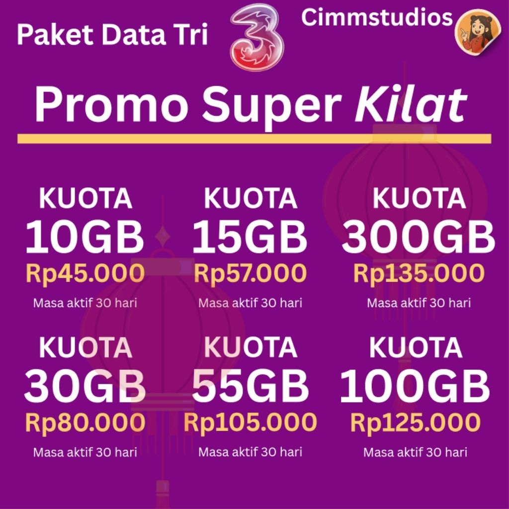 Paket Data Tri Super Kilat Promo 30GB 100GB 300GB | Data Internet Tri Cimmstudios