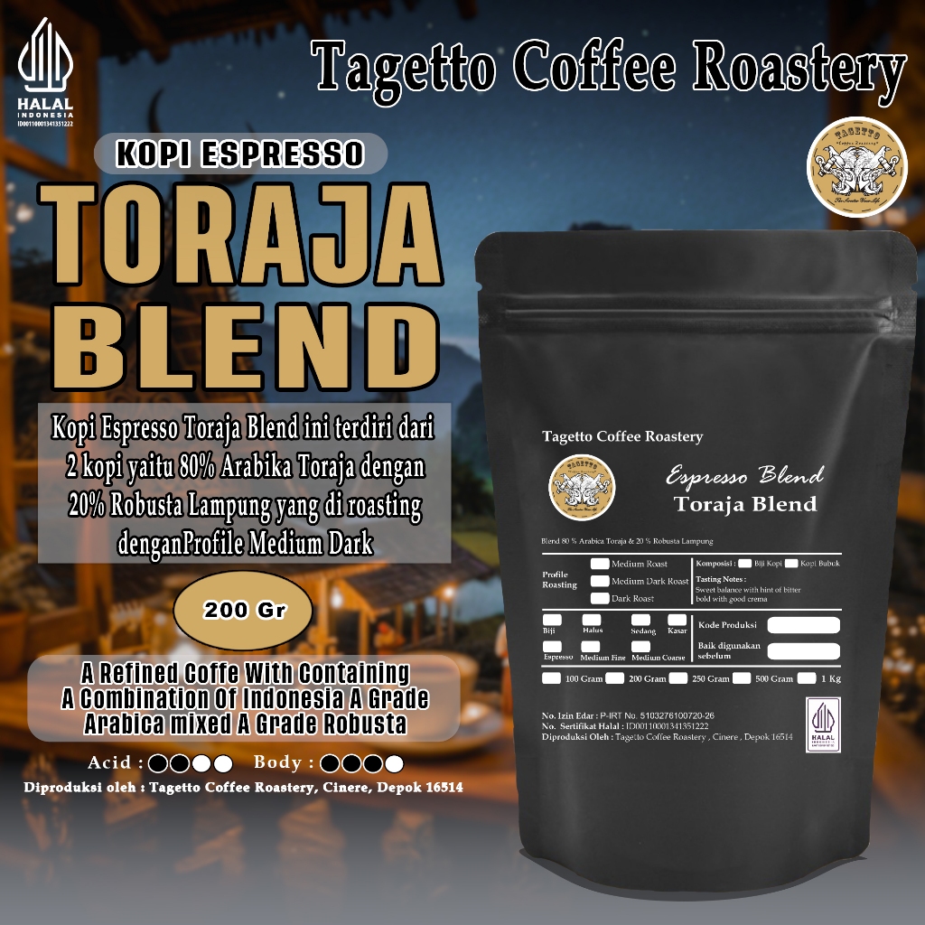 

BIJI KOPI ESPRESSO TORAJA BLEND 200GR - 80% ARABICA 20% ROBUSTA | BEAN GROUND BUBUK 200 GRAM TAGETTO COFFEE