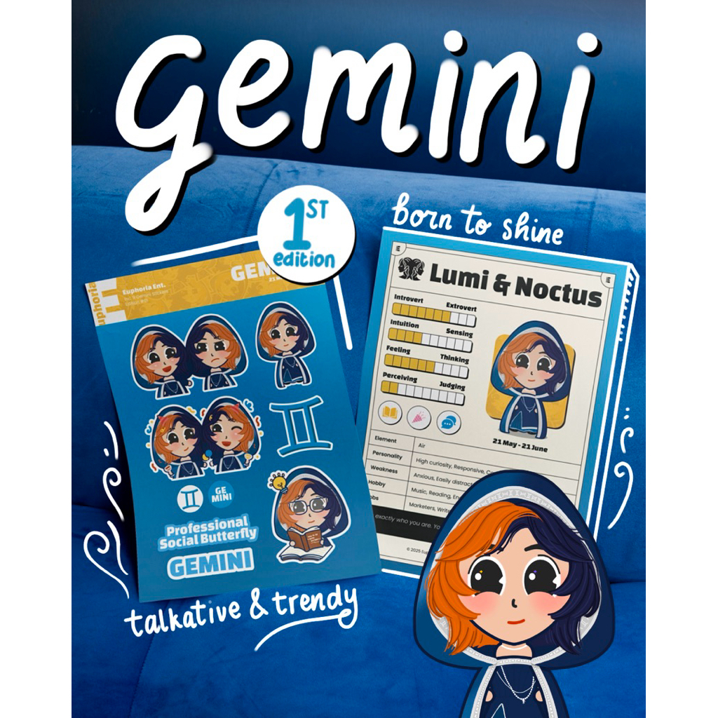 

Stiker Zodiak Gemini Lumi & Noctus Edukasi Desain Kartun Unik & Aesthetic Hiasan Journaling / Scrapbook