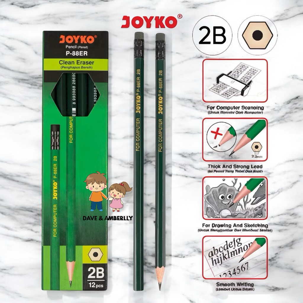 

[ 1 LUSIN ] JOYKO Pensil 2B kayu / Pensil Ujian 2B Penghapus P-88ER