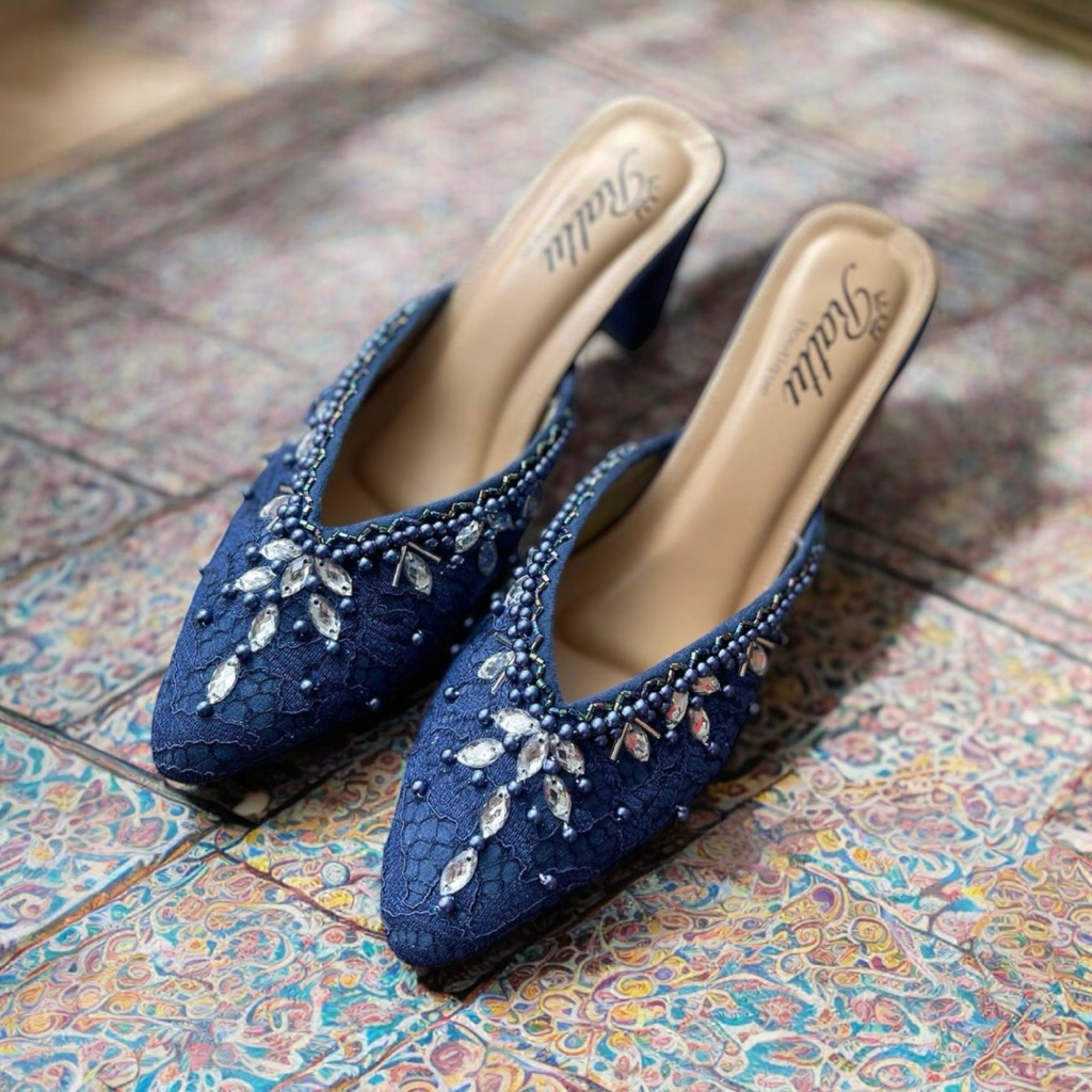 Sepatu pesta Heels 7cm Brukat Payet Lesti Navy series size 36-45