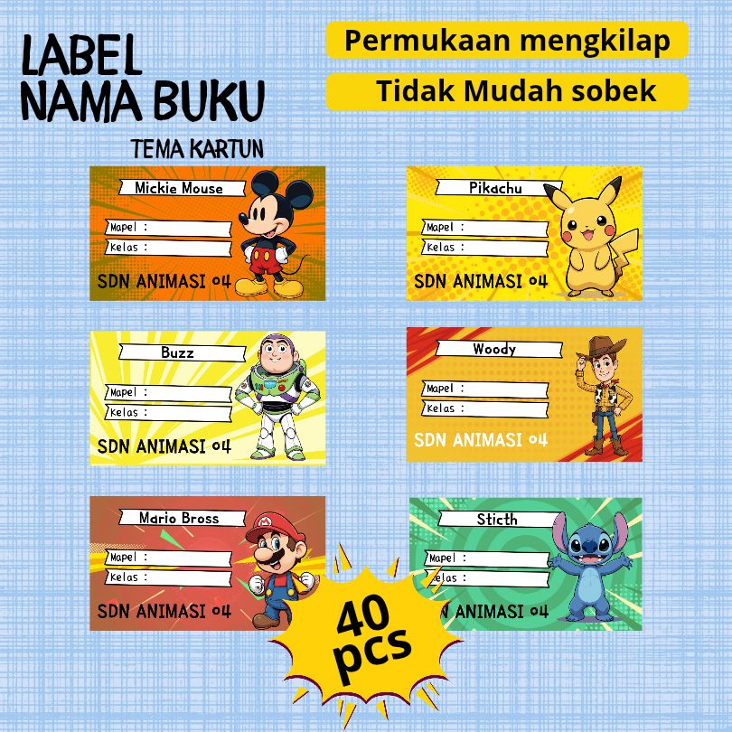 

Stiker Label Nama Buku Anak Custom Nama & Sekolah | Tema Kartun Lucu: Hello Kitty, Toy Story, Pikachu, Mickey Mouse | 40 pcs Glossy 7x4cm