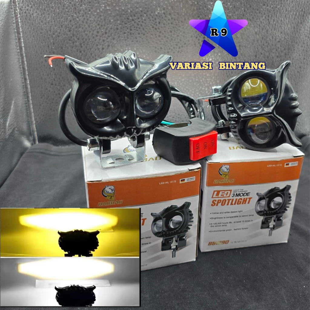 LAMPU TEMBAK SOROT 2 MATA BURHAN OWL AC DC MOTOR MOBIL SEPEDA LISTRIK