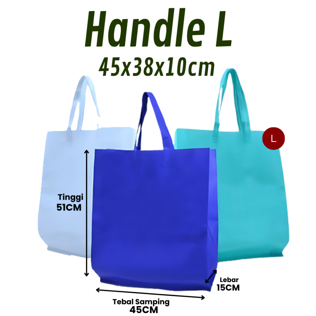 

Tas Spunbond model Handle ( HLS ) uk 38x45x8 harga PER LUSIN / goodie bag / tas kain polos