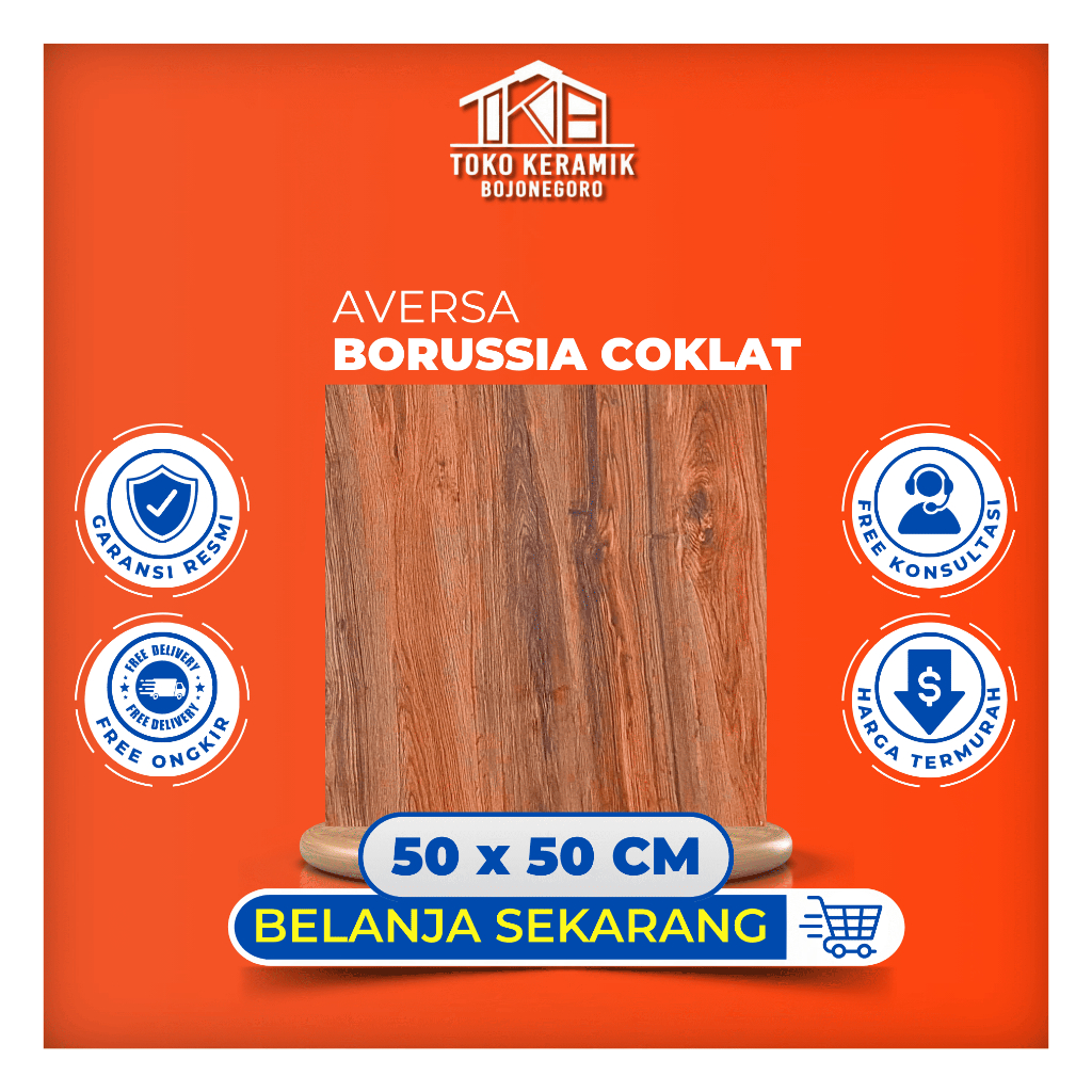 Keramik Lantai Glossy Halus Motif Serat Kayu 50x50 cm Aversa | Borussia Coklat I
