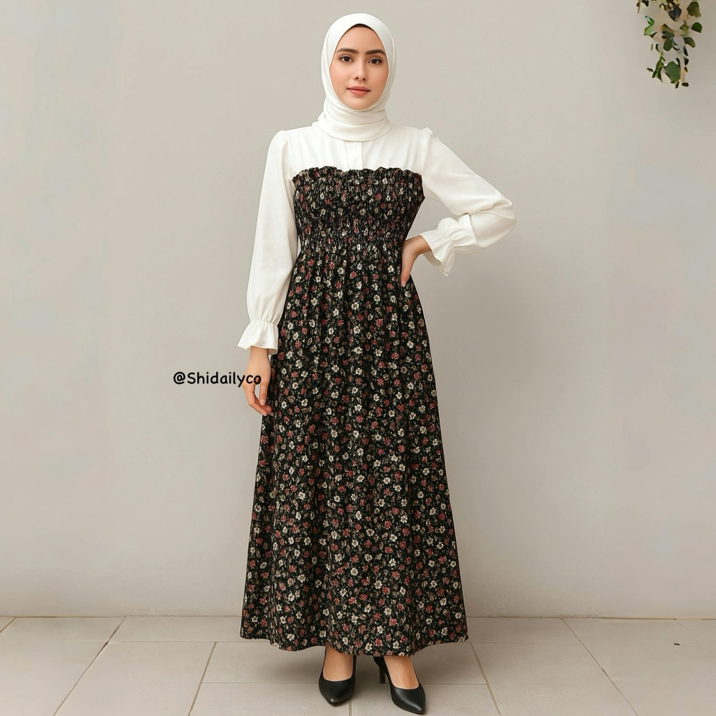 Dress Gamis Kondangan Simple Elegan Pantai Smoke Remaja Wanita Korea Karet Import Motif