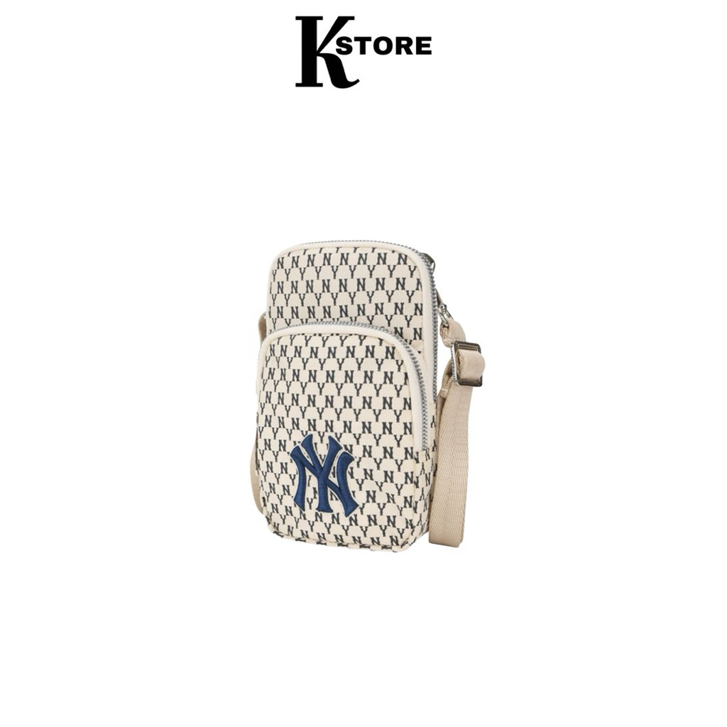 MLB NY Monogram Jacquard Mini Crossbody Phone Bag – Beige Khaki Tas Selempang