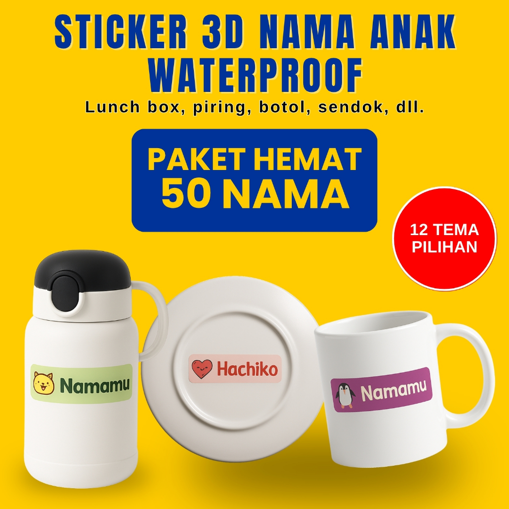

50 PCS Stiker Barang Custom Nama Anak Piring Sendok Botol Gelas Perabotan timbul waterproof label