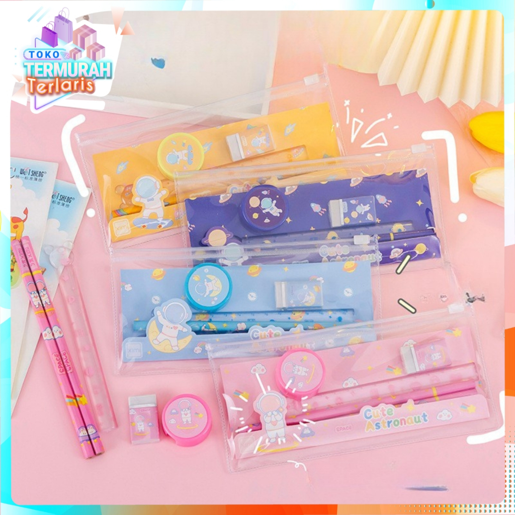 

TTT Alat Tulis Set Mini Anak Sekolah Penghapus Penggaris Pensil Serutan Stationary Set Alat Tulis 5 In 1 Karakter Lucu Warna-Warni Astronot Stationary