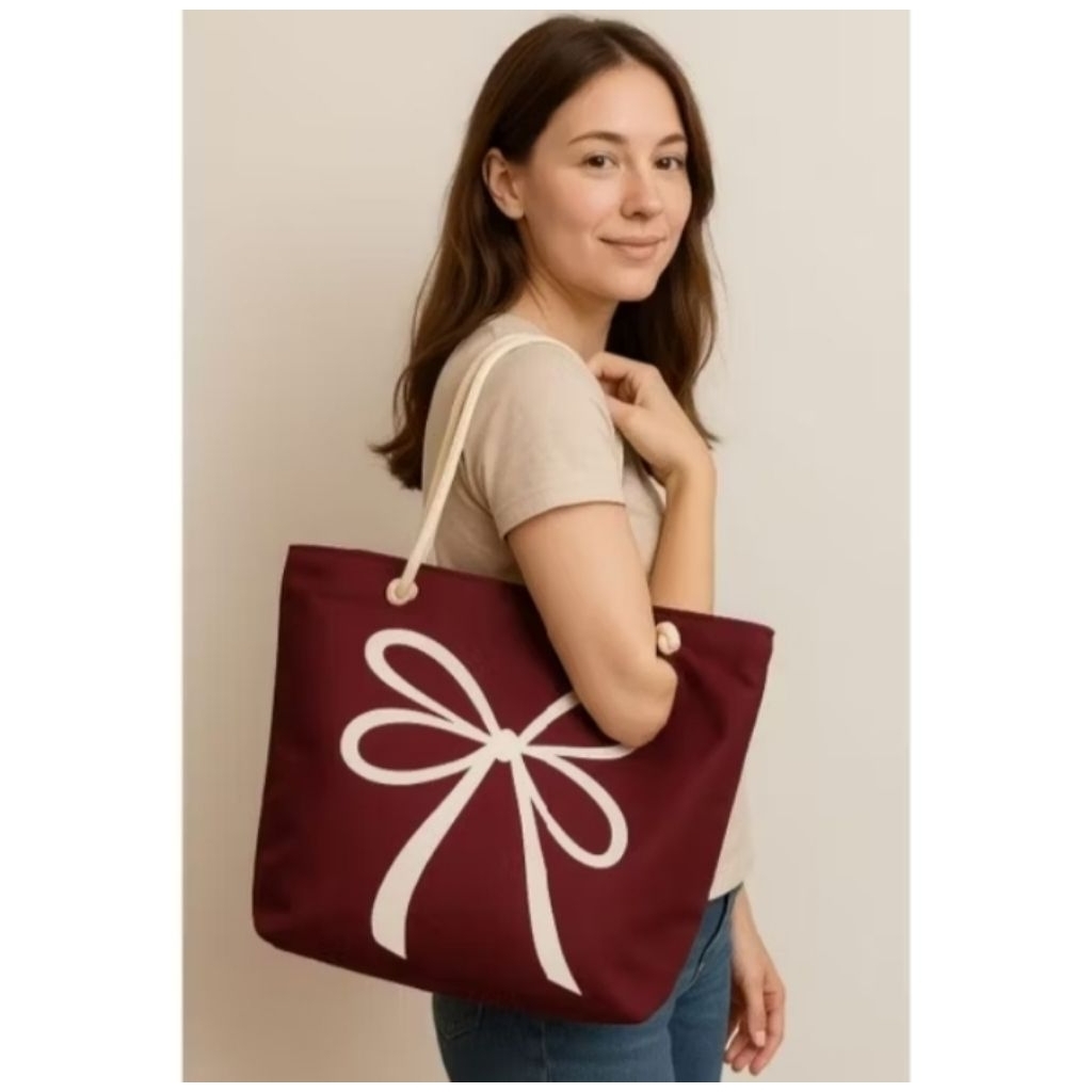 Tas Wanita Totebag Canvas Tas Ibu Tas Pengajian Motif Pita Besar Resleting Tali Sumbuh Premium