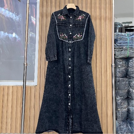 Gamis Dress Denim Bordir Busana wanita Terbaru Gamis Denim Premium