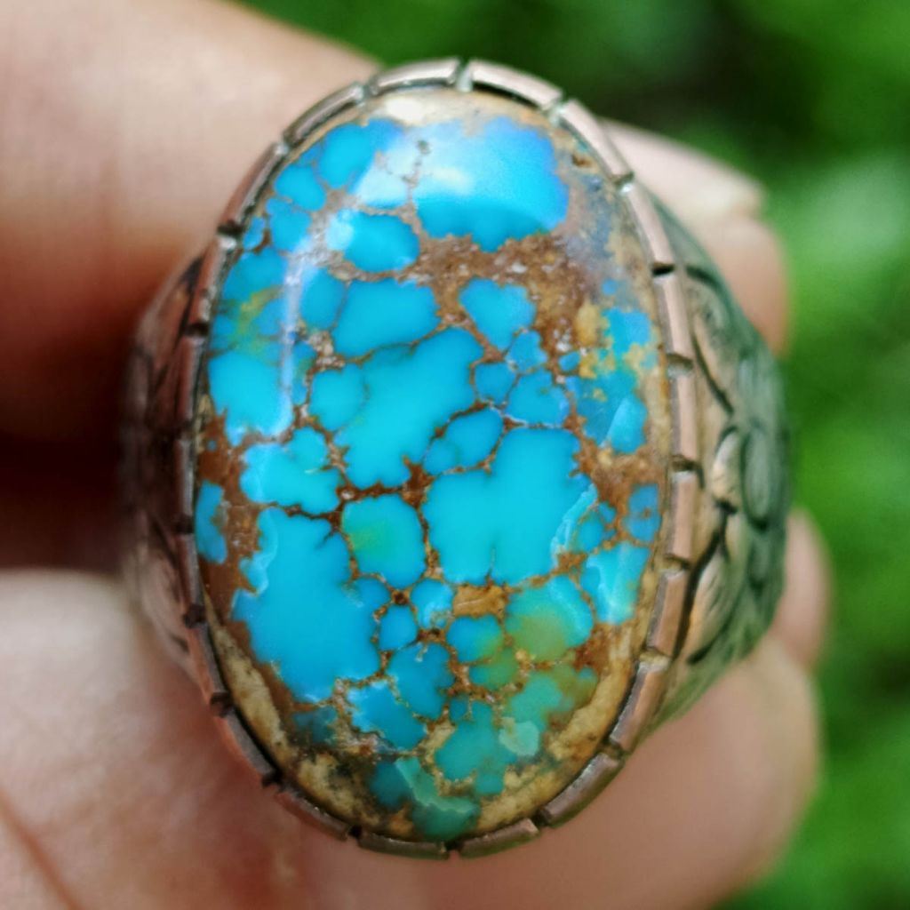 Batu Pirus Persia Biru Gradasi Tajam Urat Emas Karakter Urat Kura Ceplok Indah Dim-21 Ring Perak Han