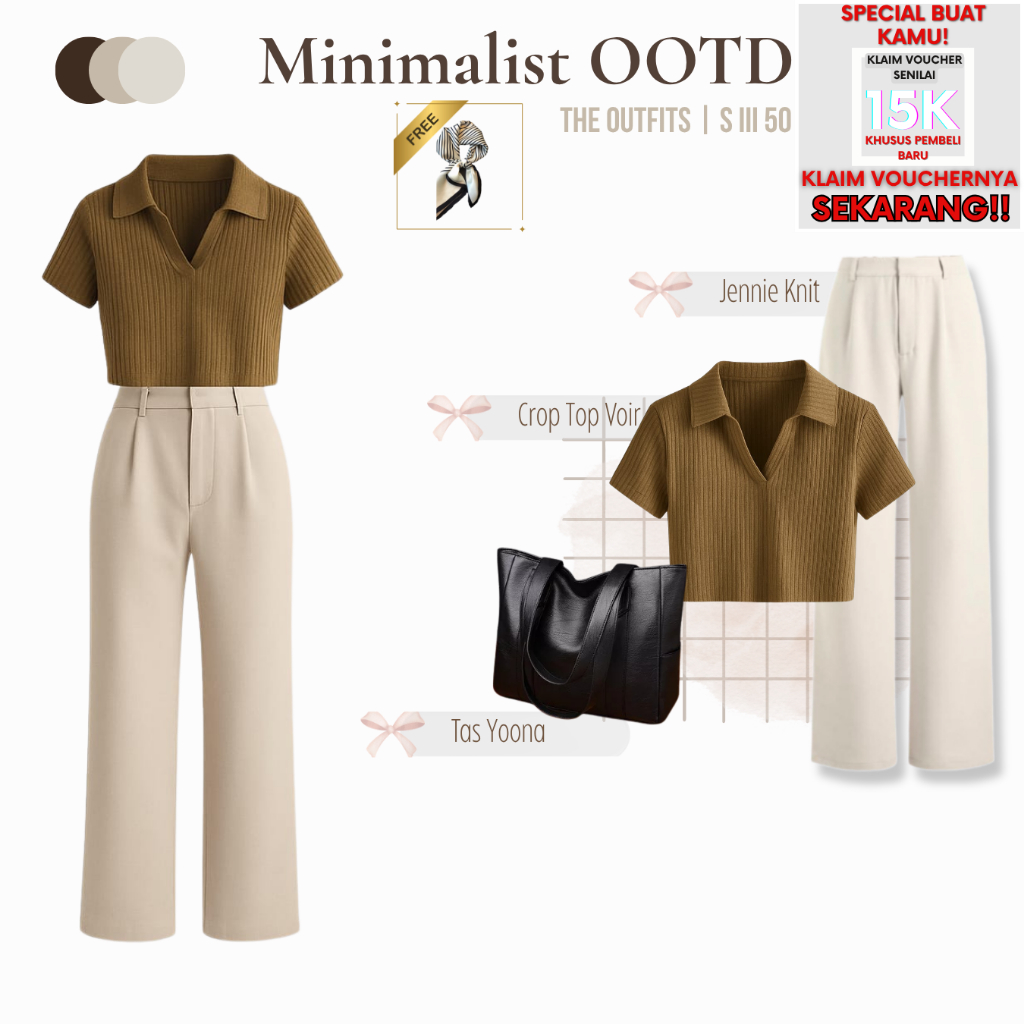 Three In One Minimalist Set | ( Crop Top Voir, Celana Jennie Knit & Tas Yoona Hitam ) | SY - 50