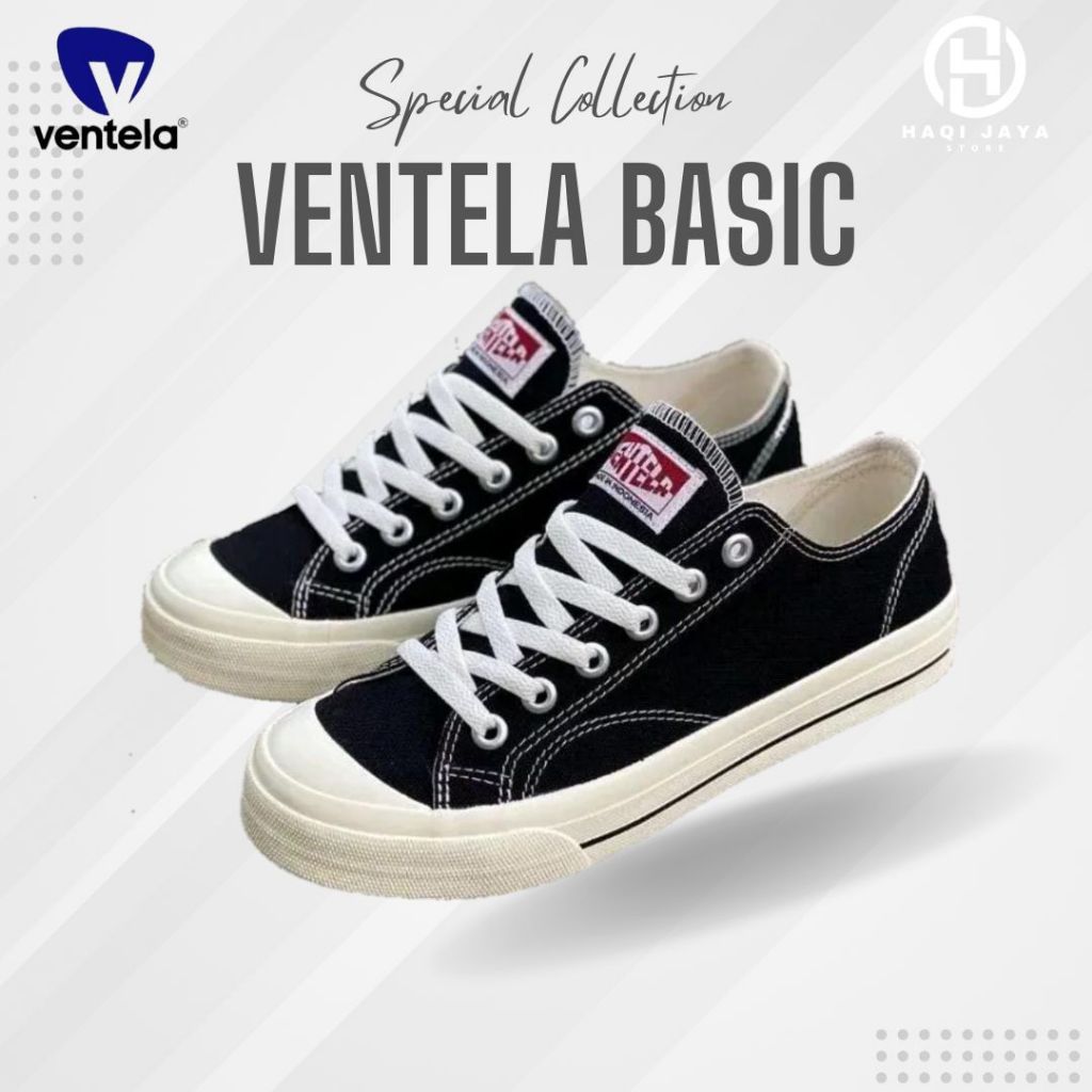 Ventela Basic Black Polos Pria Wanita - Sepatu Sneaker Pria Wanita Unisex Sepatu Sekolah Hitam Putih