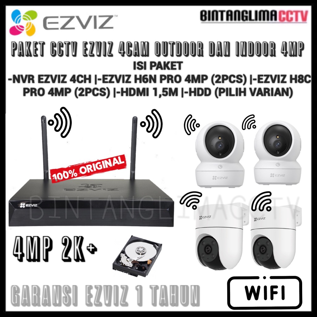PAKET 4 KAMERA EZVIZ WIRELESS INDOOR DAN OUTDOOR 2MP 4MP