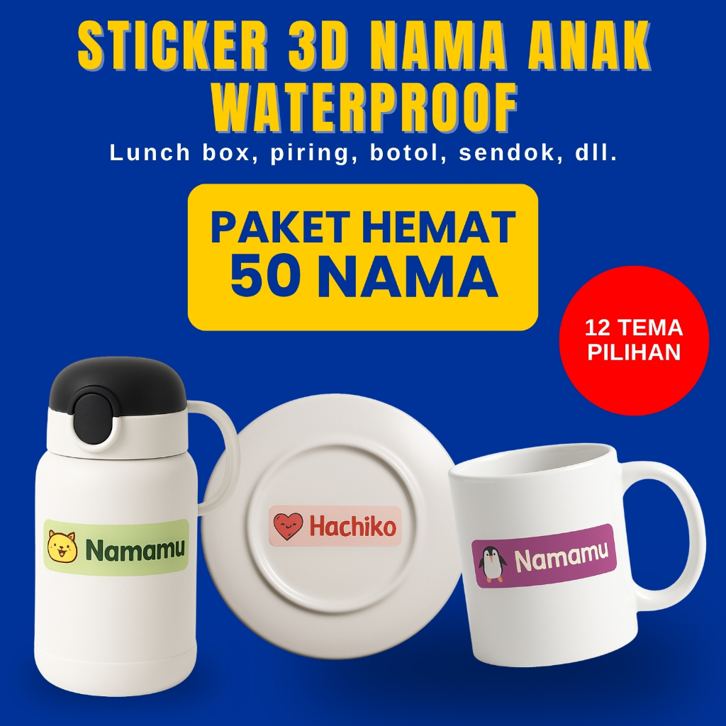 

50 PCS Stiker Nama Anak Waterproof Custom Piring Sendok Botol Gelas Perabotan timbul label