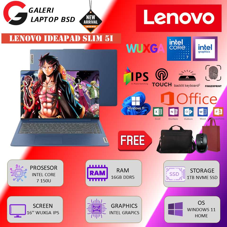 Laptop Kerja Lenovo Ideapad Slim 5i 16 Intel Core 7 150U 16GB DDR5 1TB 16.0 WUXGA IPS TOUCH BL FP WI