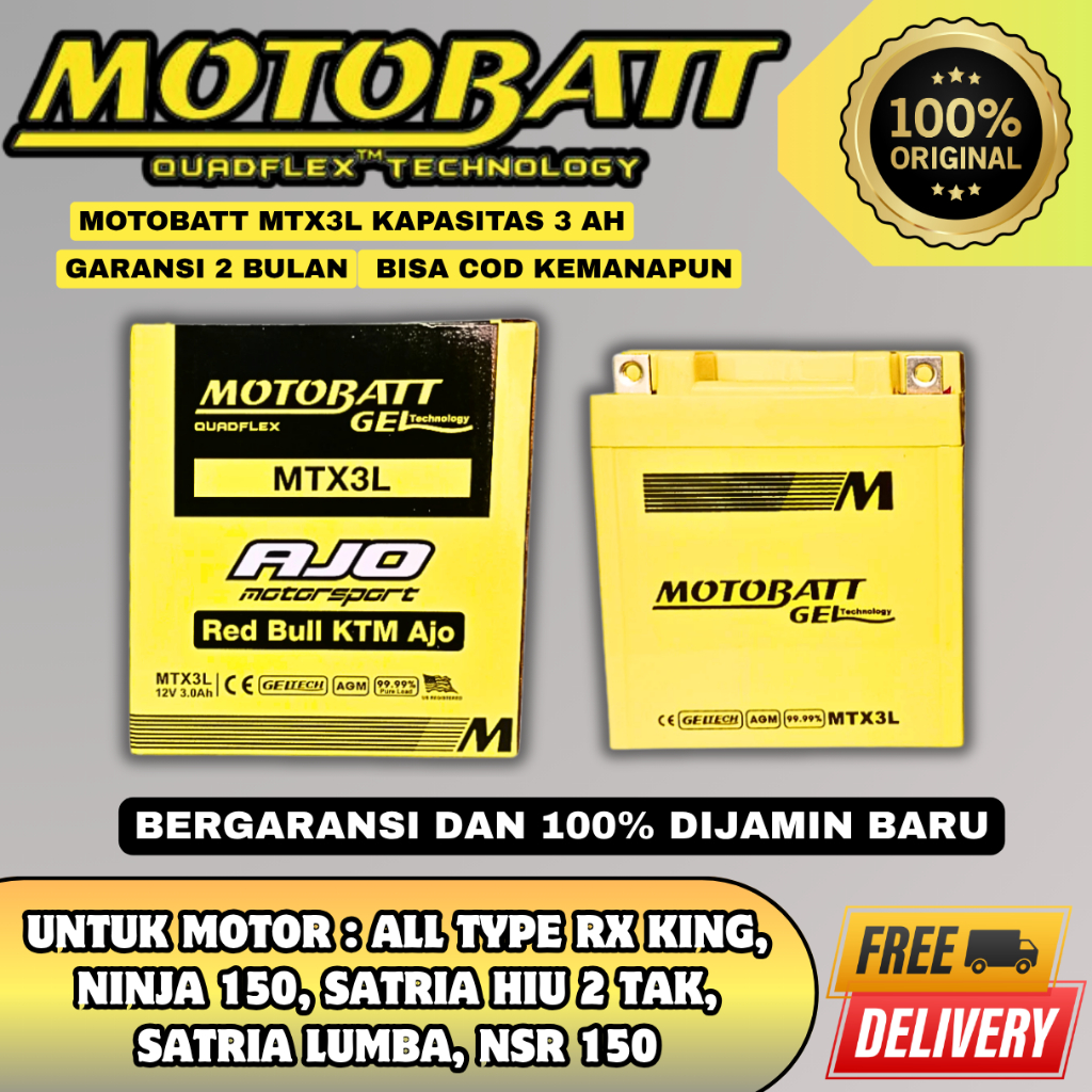 AKI MOTOR RX KING , SATRIA 2 TAK , NINJA R 150 , NINJA SS 150 MTX3L MOTOBATT AKI GEL ORIGINAL
