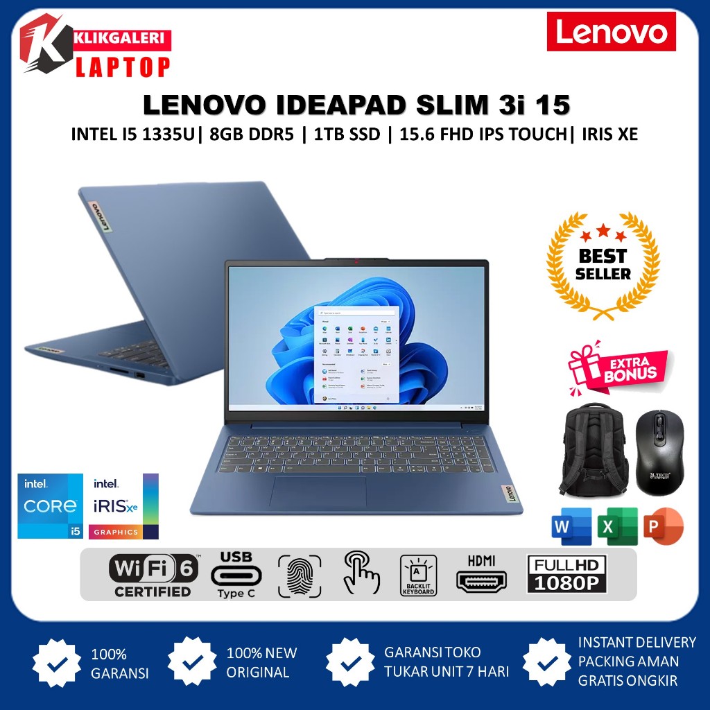 Laptop Lenovo Ideapad Slim 3i 15 Intel Core i5 1335U 8GB DDR5 1TB 15.6 FHD IPS TOUCH BL FP WIN11HOME
