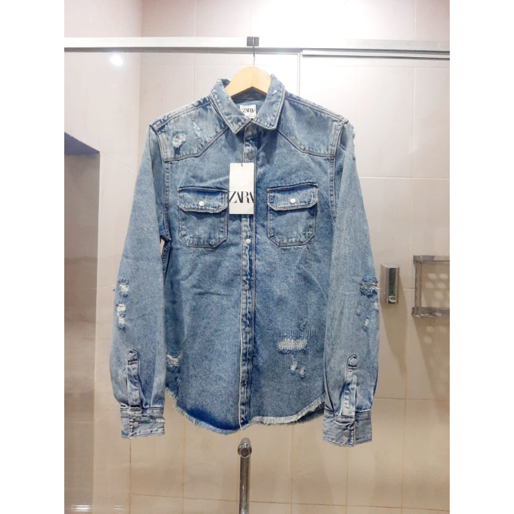 ( ZARA ) JACKET JEANS KERAH KANCING KLIP RIPPED LONG SLEEVE NEW EDITION 100% ORIGINAL