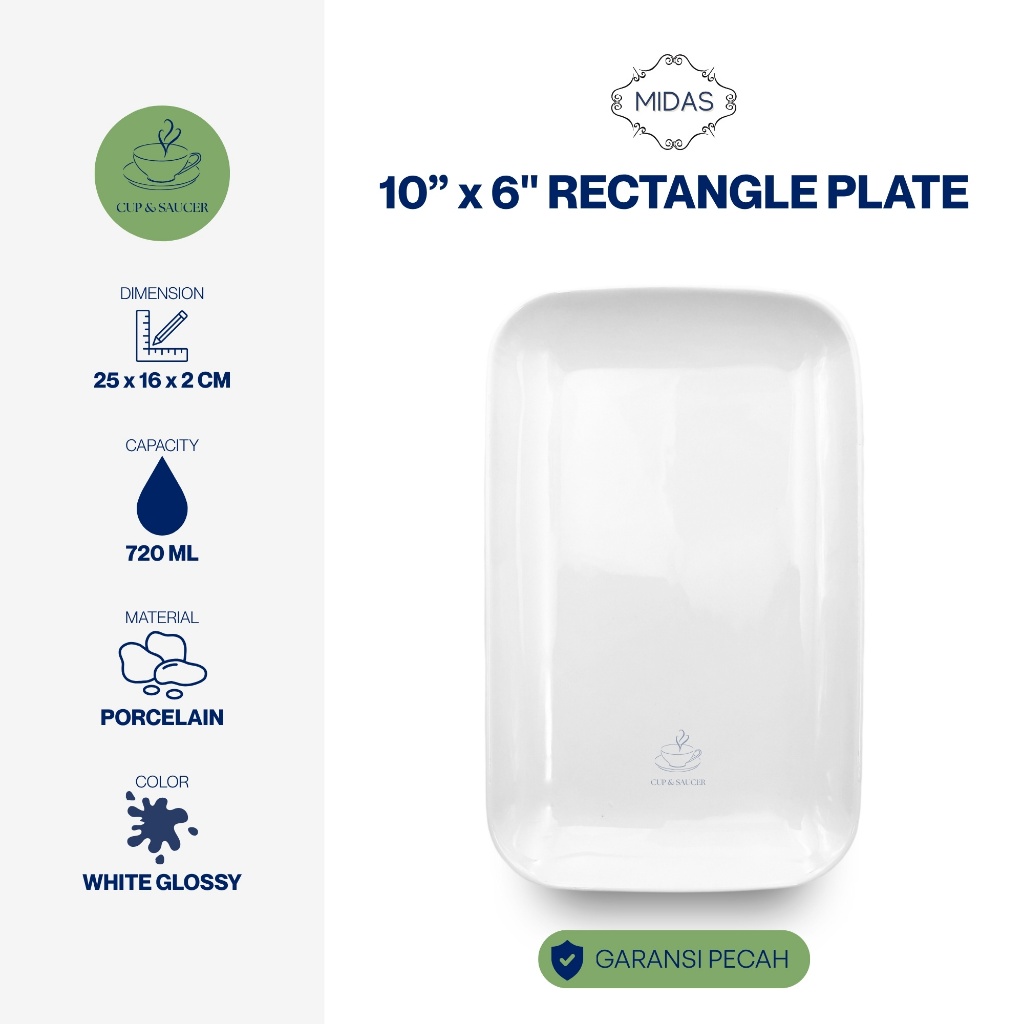 Midas Piring Persegi Panjang Porselen Ukuran 10” x 6” Inch / 25 x 16 x 2 cm Putih Polos Kilap Minima