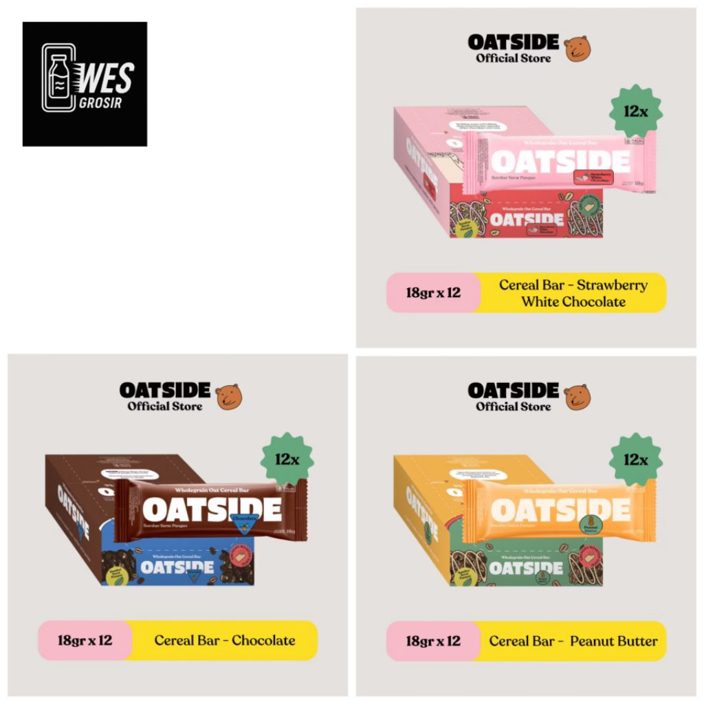 

OATSIDE CEREAL BAR CHOCOLATE, STRAWBERRY, PEANUT BUTTER 12 x 18 GR (Snack Oat) 1 innerbox isi 12 pcs