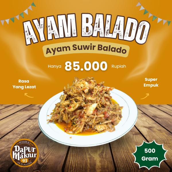 

Dapur Makmur 91 Ayam Suwir Balado - 500 Gram Halal Tanpa MSG Rasa Pedas Gurih Siap Santap Kapan Saja Super Empuk