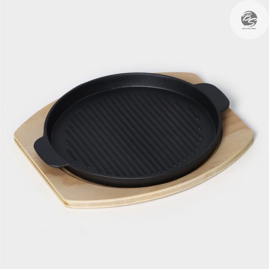Hot Plate Steak BBQ Cast Iron / Piring BBQ Anti Lengket + Tatakan Kayu / Sizzling Steak BBQ Cast Iro