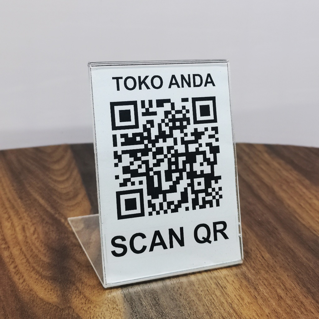 

akrilik bening stand tent display Qris brosur bening ukuran A5 betuk L